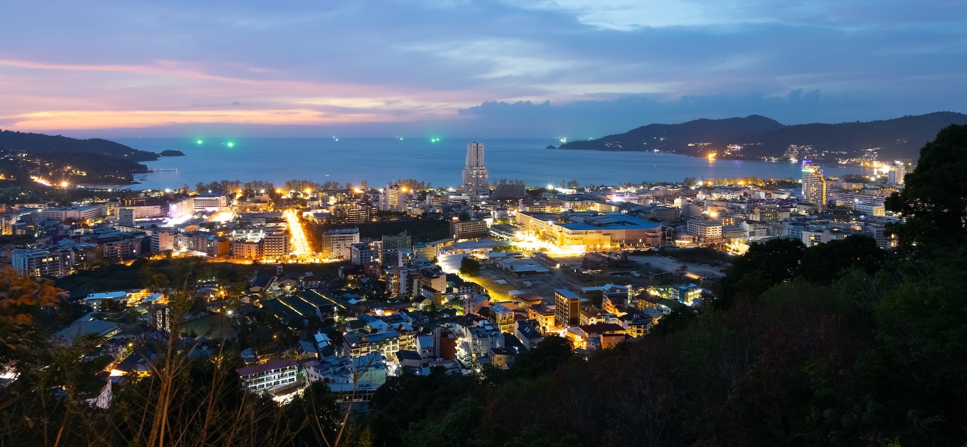 Aerial view of Patong Beach, but there’s plenty of nightlife elsewhere in Phuket, like Kamala Beach.