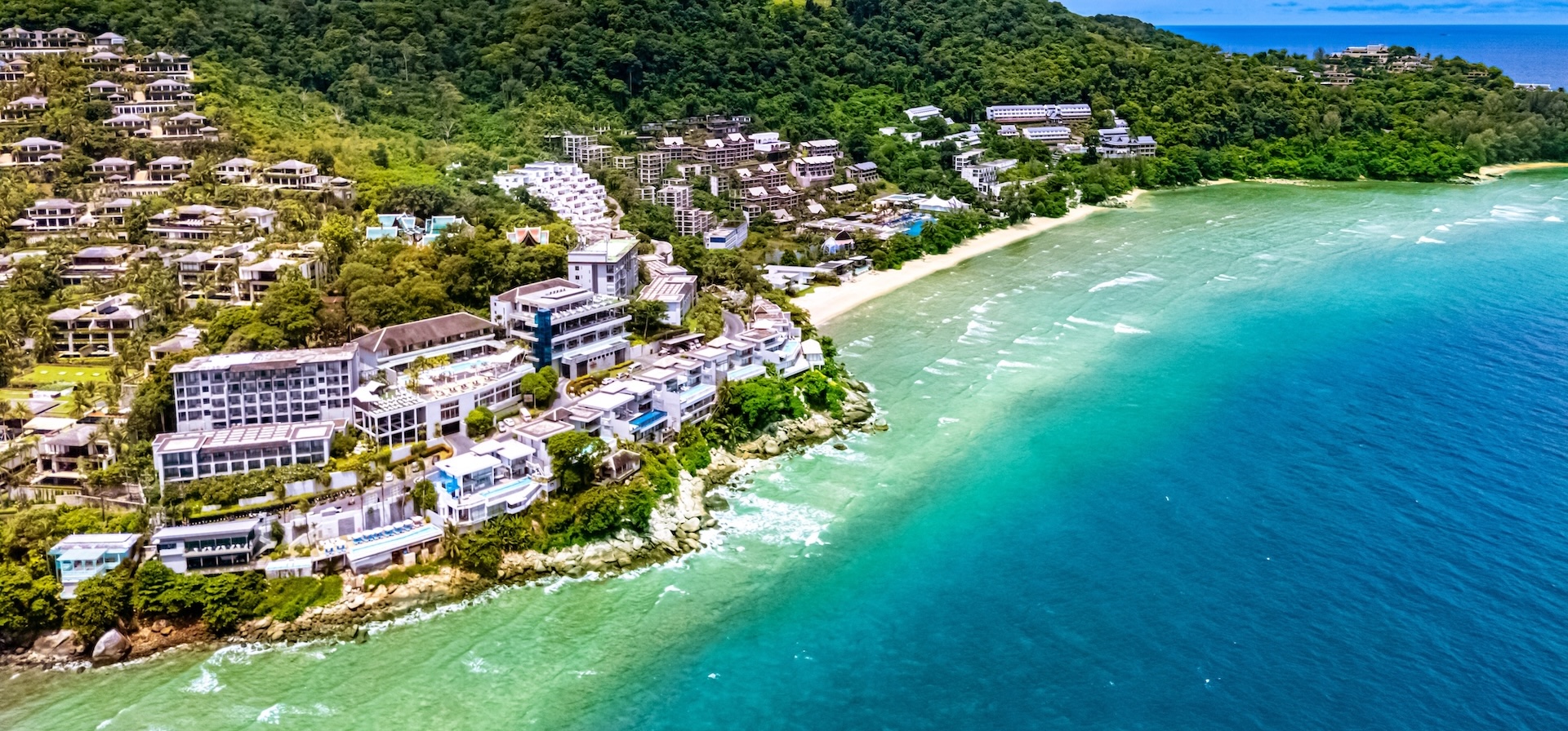 Aerial view of Kamala, the best beach in Phuket for a calm long st