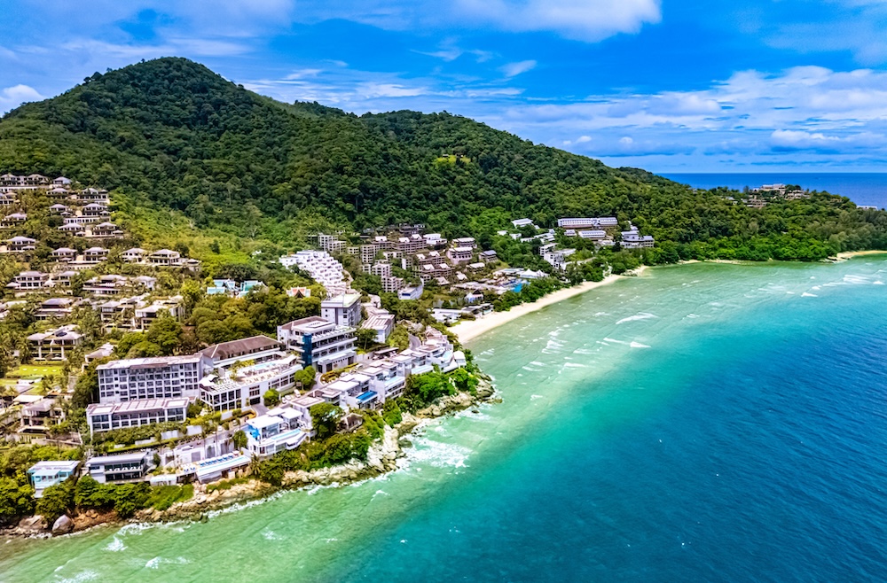 Aerial view of Kamala, the best beach in Phuket for a calm long stay