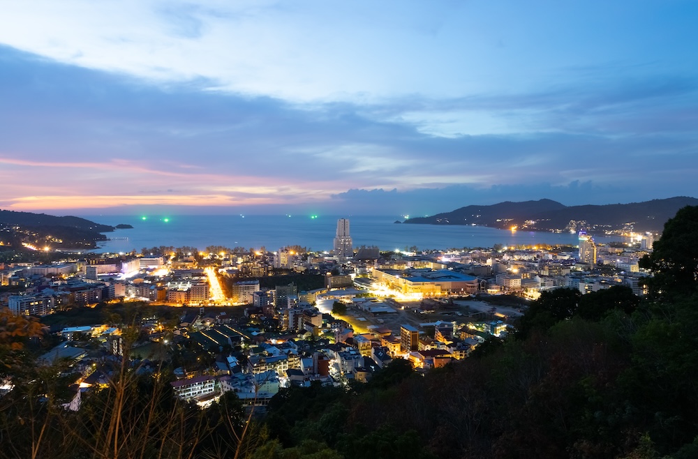 Aerial view of Patong Beach, but there’s plenty of nightlife elsewhere in Phuket, like Kamala Beach.